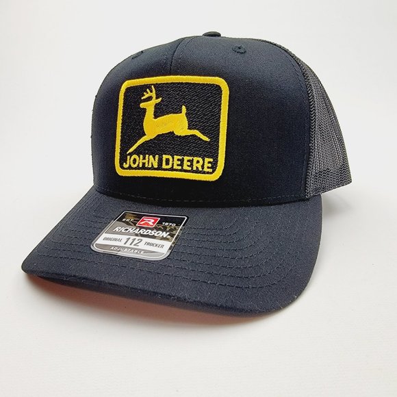 John Deere Embroidered Patch Richardson 112 Trucker Mesh Snapback Hat Cap Black - Picture 1 of 3